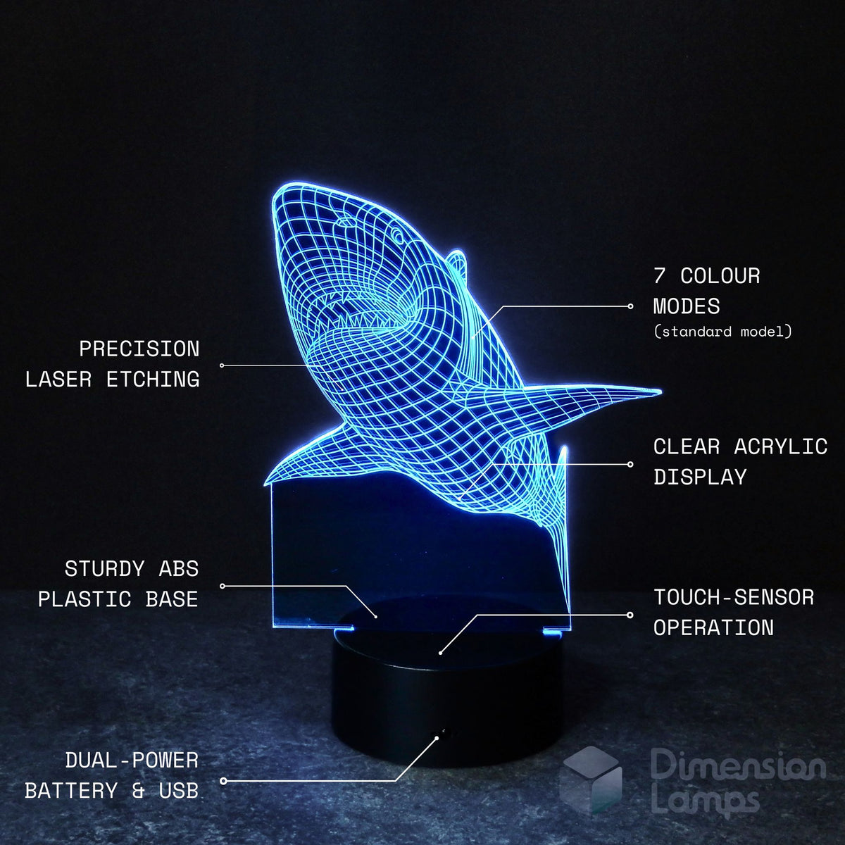 Shark 3D lamp displaying features including precision etching. Ideal gift idea for kids into sharks. 