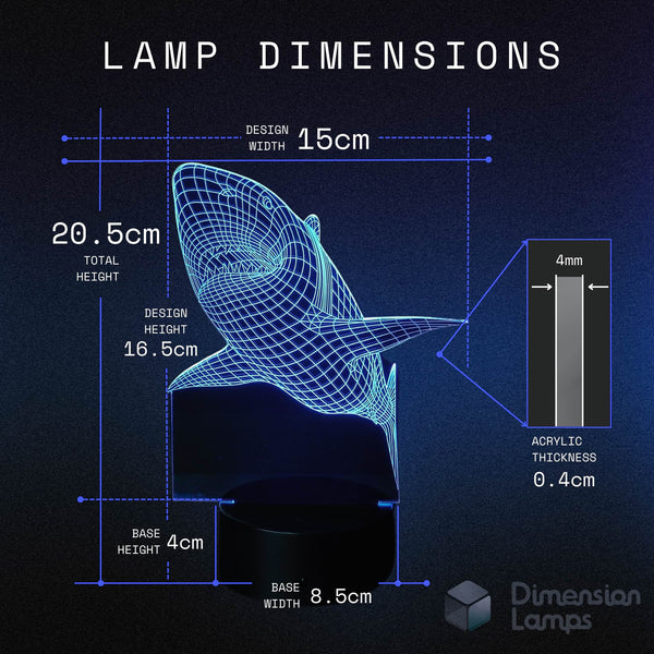Size guide for a Shark 3D lamp, a unique 3d night lamp and awesome gift idea for teenagers and shark enthusiasts: design width 15cm, total height 20.5cm, design height 16.5cm, base dimensions included. 