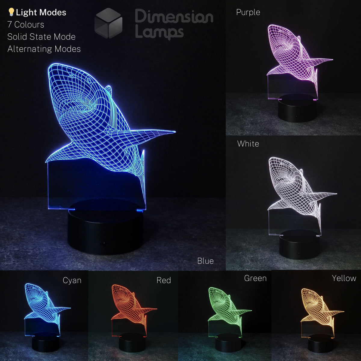 Shark 3D lamp displayed in blue, purple, white, cyan, red, green, yellow 3d night lamps for teens and shark, marine or ocean fans in Australia.