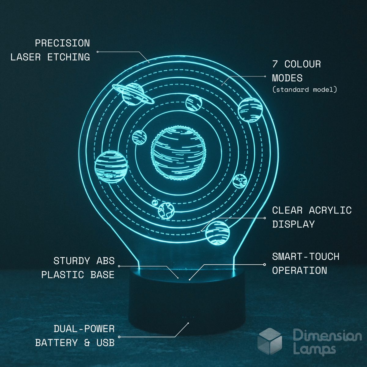 Nightlight features of the Solar System 3D Lamp for kids include 7 colour settings, precision laser etching of the solar system design, clear acrylic display, durable ABS plastic base, smart touch controls, and both battery and USB power sources.