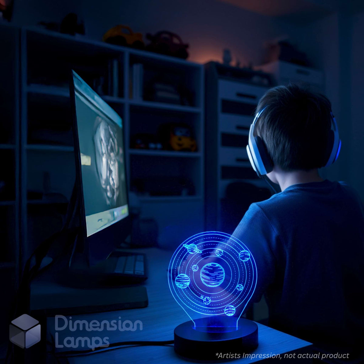 A child wearing white headphones sits at a desk in a dimly lit room, facing a computer monitor. In the foreground, a glowing holographic lamp displays a 3D orbital model of the solar system.