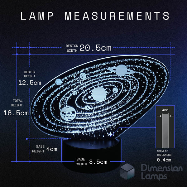 Nightlight size specifications for a solar system design: A 3D Solar System 2 lamp has a design width of 20.5cm, design height of 12.5cm, total height of 16.5cm, acrylic thickness of 0.4cm, and a base width of 8.5cm. A cool 3d night lamps option for a boys room.