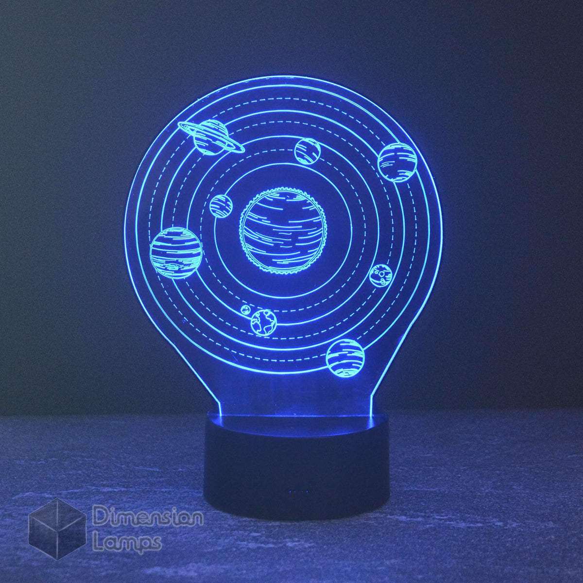Blue Solar System 3D lamp: space-themed gift for kids. Features the sun and orbiting planets, emitting a gentle blue glow, gift for a child's room. 