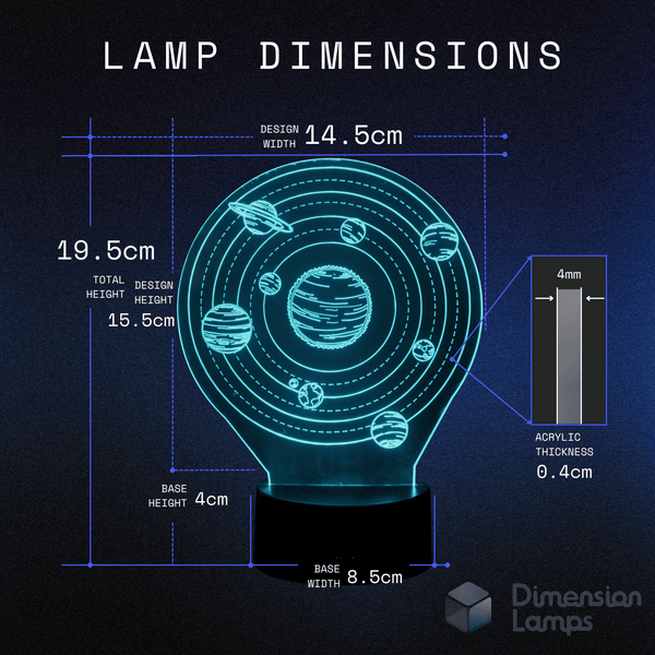 Space-themed gift dimensions for kids: Solar System 3D lamp - design width 14.5cm, total height 19.5cm, design height 15.5cm, base 4cm high and 8.5cm wide, 0.4cm acrylic thickness.