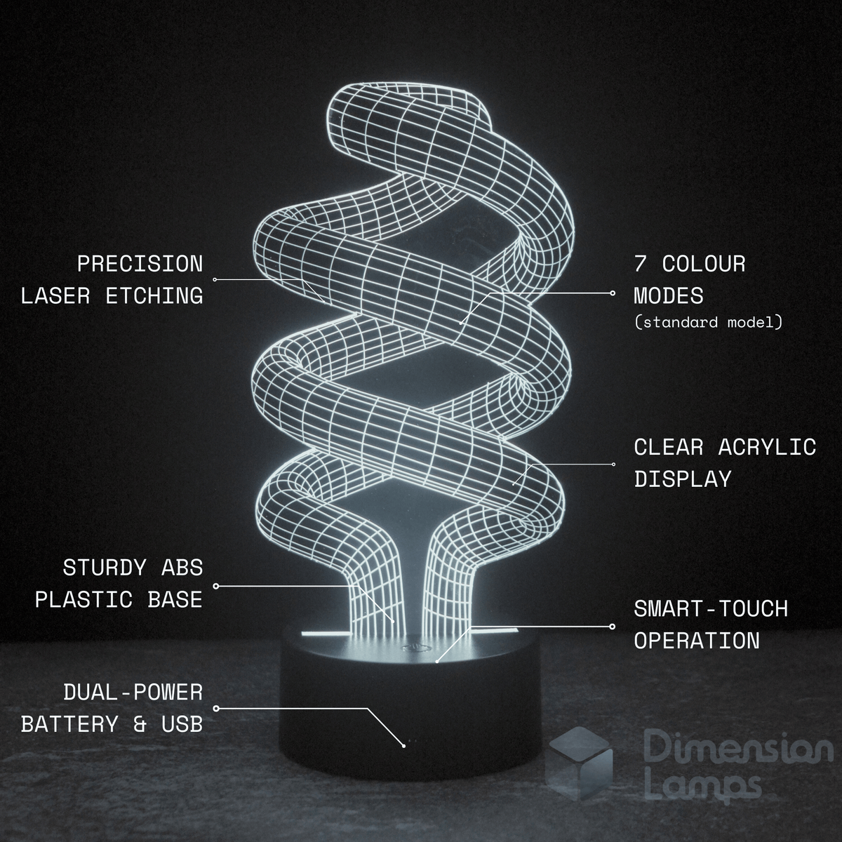 Nightlight features of the Spiral 3D Lamp for study include 7 colour settings, precision laser etching, clear acrylic display, durable ABS plastic base, smart touch controls, and both battery and USB power sources. 