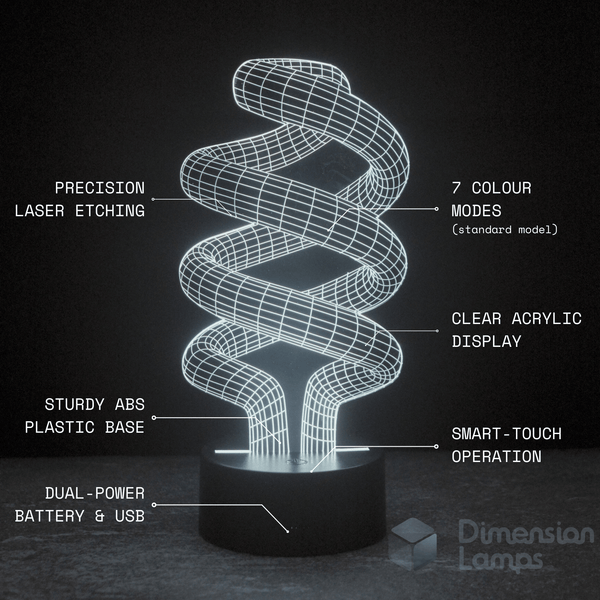 Nightlight features of the Spiral 3D Lamp for study include 7 colour settings, precision laser etching, clear acrylic display, durable ABS plastic base, smart touch controls, and both battery and USB power sources. 