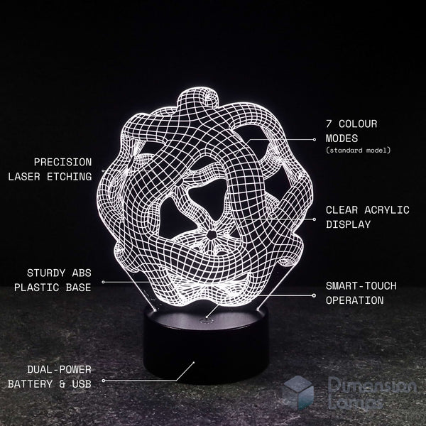 Warped reality 3d night lamps features: precision laser etching of the abstract geometric form, 7 colour modes, clear acrylic display, sturdy ABS plastic base, smart-touch operation, and dual power via battery or USB. A unique night light for teens.