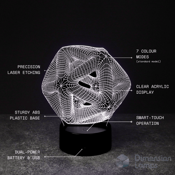 Icosahedron 3D lamp features: a top geometric 3d night light for office and study in Australia. Highlights precision laser etching, 7 colour modes, clear acrylic display, strong ABS plastic base, smart touch operation, and versatile battery and USB power options. 