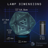 A thoughtful gift idea for students or office workers: dimensions of a 3D icosahedron lamp (twenty triangular faces): design width 14.5cm, total height 17.5cm, design height 13.5cm, base 4cm by 8.5cm, 0.4cm thick. Functions as a study aid and office lamp.