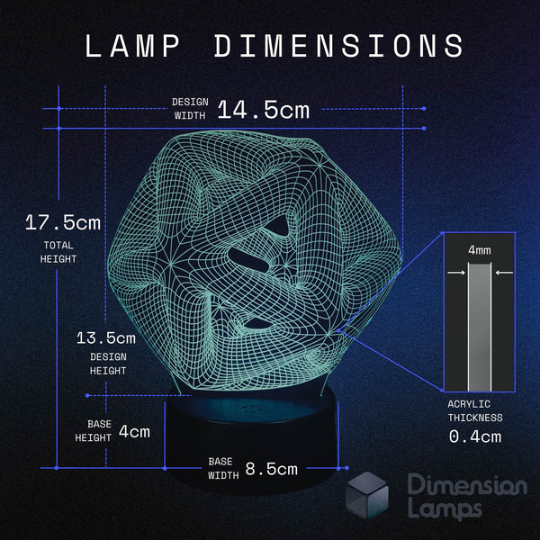 A thoughtful gift idea for students or office workers: dimensions of a 3D icosahedron lamp (twenty triangular faces): design width 14.5cm, total height 17.5cm, design height 13.5cm, base 4cm by 8.5cm, 0.4cm thick. Functions as a study aid and office lamp.