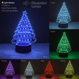 Christmas Swirl Tree 3D Lamp colour variations for festive lighting: a collage showing seven colour options and light modes for holiday ambiance. 