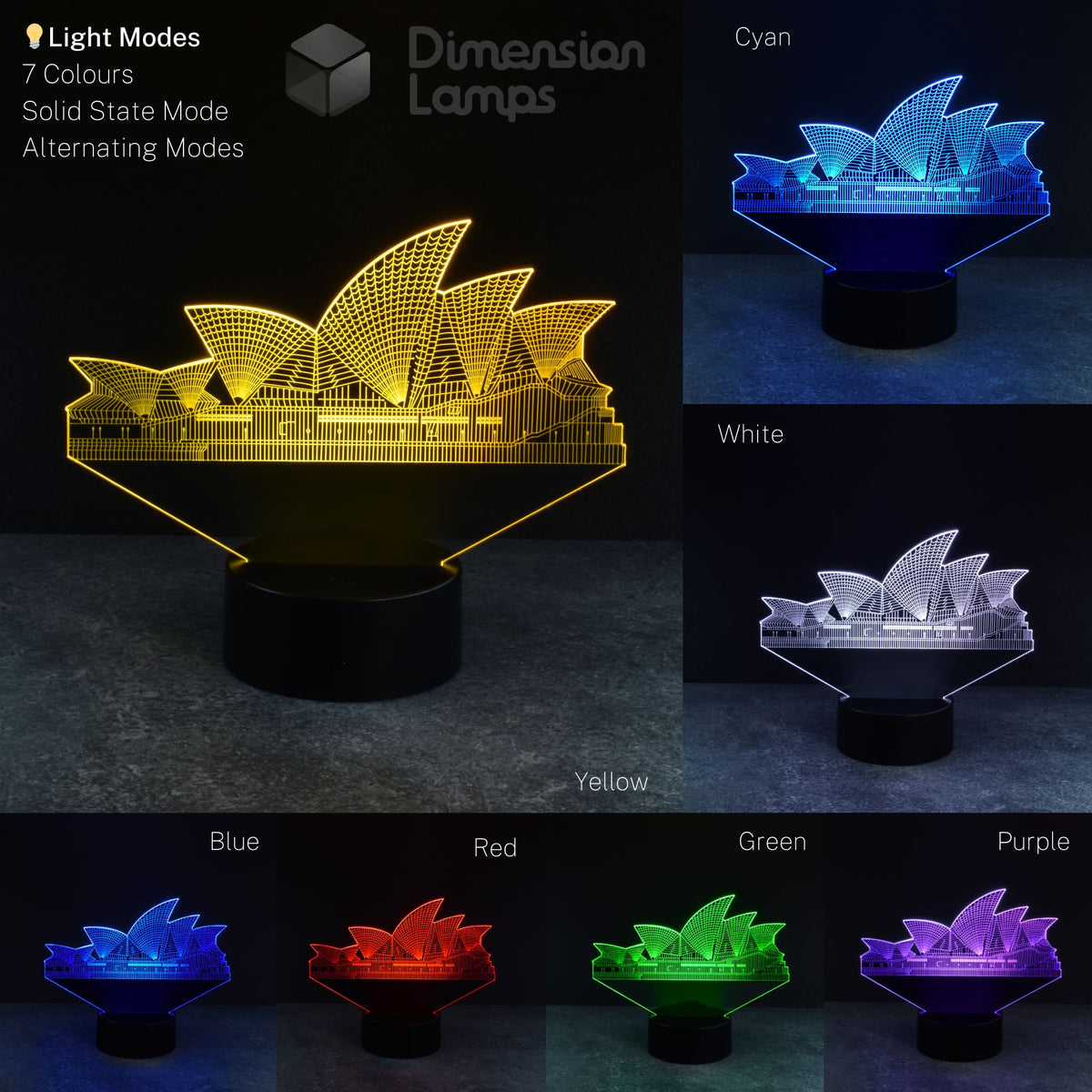 Sydney Opera House 3d night lamps colour variations: explore the ambient lighting options for this iconic Australian landmark. A collage presents the Opera House design illuminated in yellow, cyan, white, blue, red, green, and purple. Perfect Australiana gift.