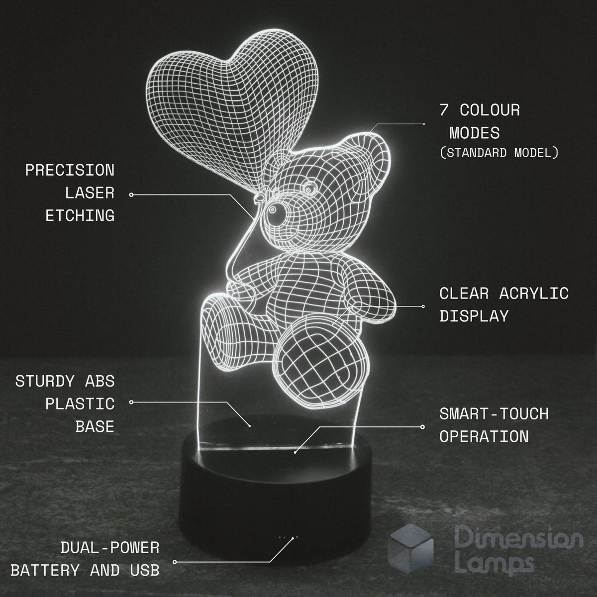 Teddy Bear Heart 3D Lamp features: 7 colour modes, precision laser etching for detail, clear acrylic display, strong ABS plastic base, smart touch operation, and versatile dual power options with battery and USB.