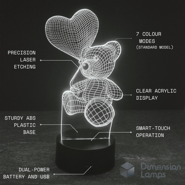 Teddy Bear Heart 3D Lamp features: 7 colour modes, precision laser etching for detail, clear acrylic display, strong ABS plastic base, smart touch operation, and versatile dual power options with battery and USB.