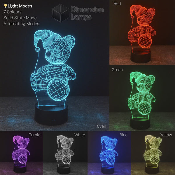 Christmas night light options feature the Teddy Bear Santa 3D Lamp displayed in multiple colour variations: red, green, cyan, purple, white, blue, and yellow. The collage illustrates the lamp's ability to emit these different light colours. 