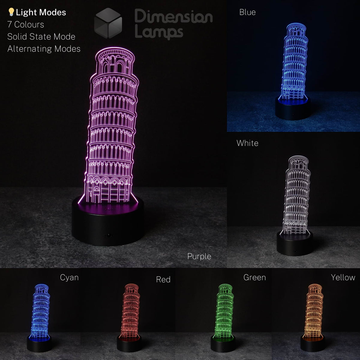A nostalgic gift idea for travellers a 3D night lamp of the Leaning Tower of Pisa lamp showcasing its seven illumination colours.
