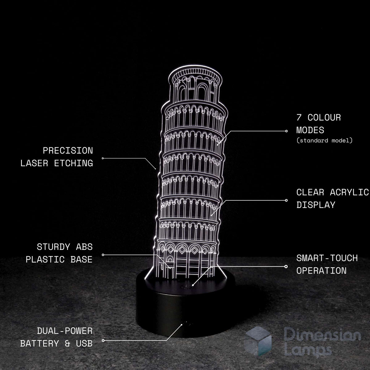 Leaning Tower of Pisa 3D lamp features: unique travel souvenir lighting for homes in Australia. Highlights precision laser etching, 7 colour modes, clear acrylic display, strong ABS plastic base, smart touch operation, and versatile battery and USB power options for those who love Italy. 