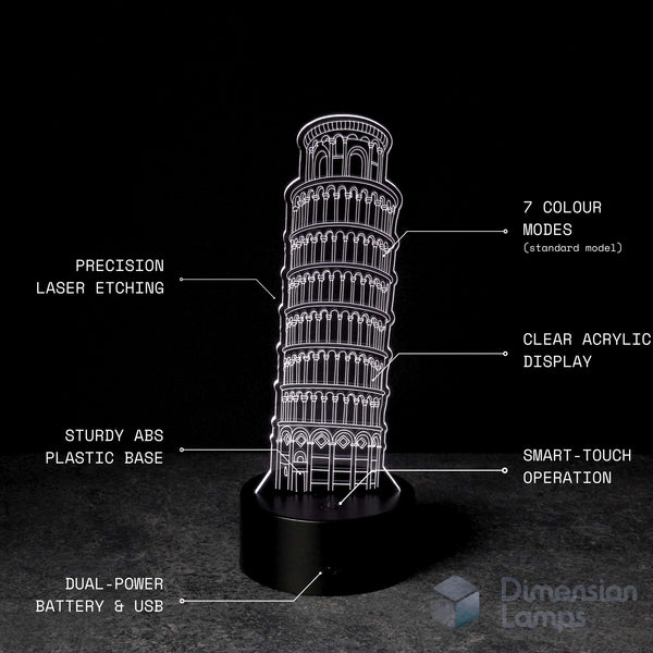 Leaning Tower of Pisa 3D lamp features: unique travel souvenir lighting for homes in Australia. Highlights precision laser etching, 7 colour modes, clear acrylic display, strong ABS plastic base, smart touch operation, and versatile battery and USB power options for those who love Italy. 