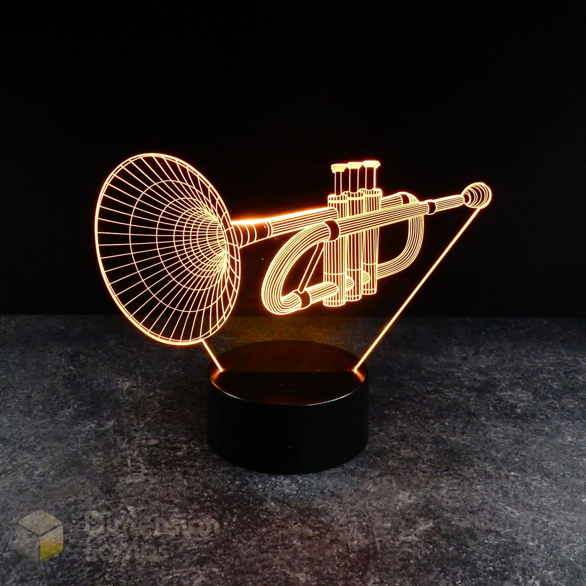 Trumpet 3d night lamps: yellow illumination of a detailed trumpet outline on a lamp, rising from a base against a dark background. A thoughtful gift idea for trumpeters and brass players in Australia. 