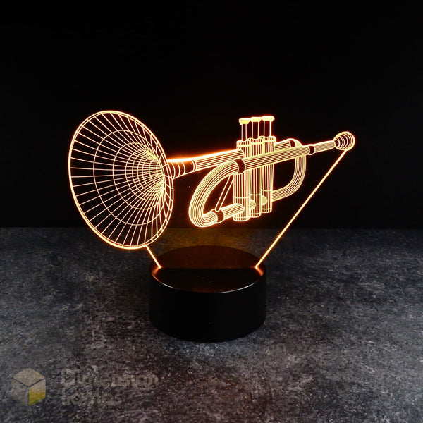 Trumpet 3d night lamps: yellow illumination of a detailed trumpet outline on a lamp, rising from a base against a dark background. A thoughtful gift idea for trumpeters and brass players in Australia. 
