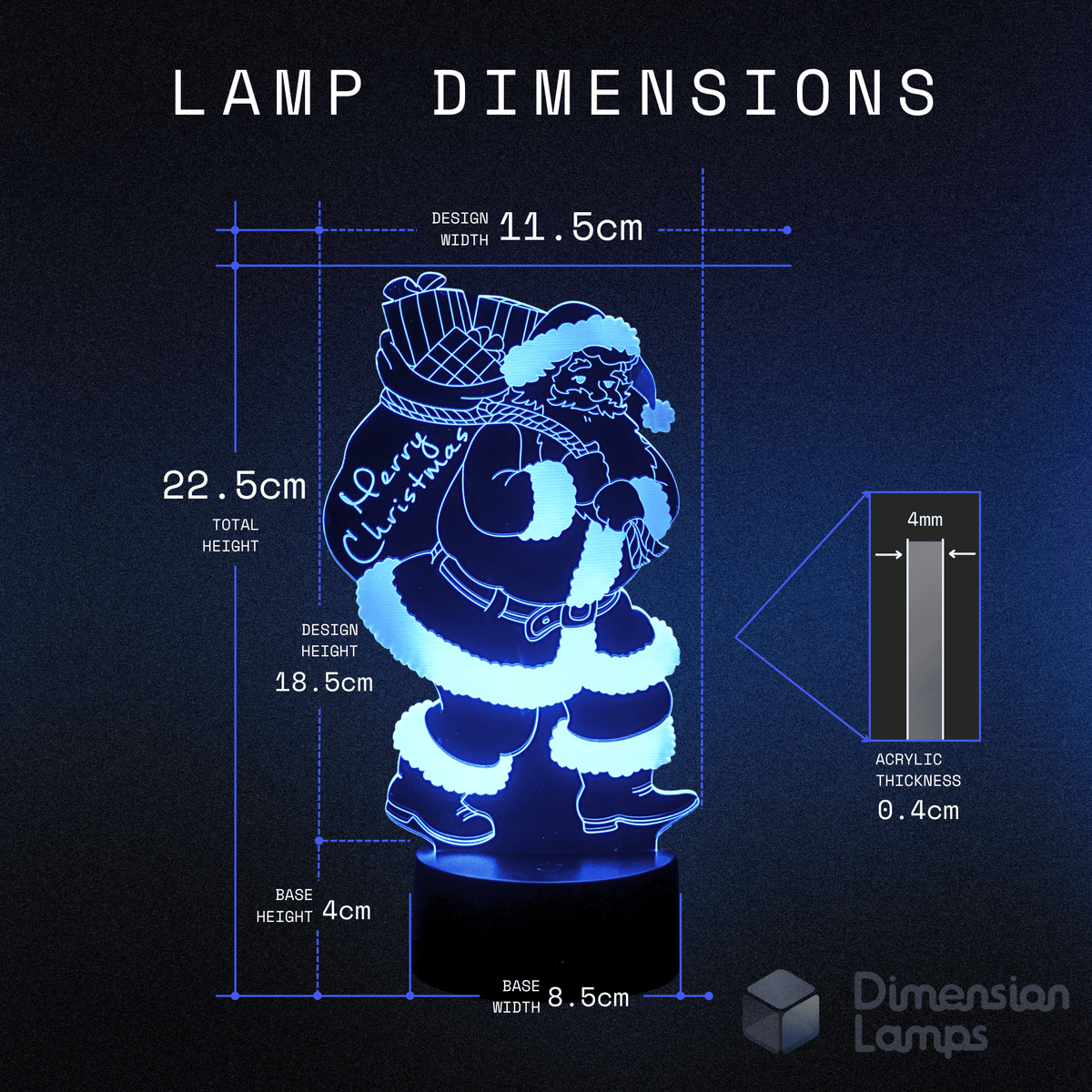Santa Claus 3D Lamp features for unique holiday decor: precision laser etching of Santa carrying a "Merry Christmas" sack, 7 colour modes (standard model), clear acrylic display, strong ABS plastic base, smart touch operation, and versatile battery and USB power options.