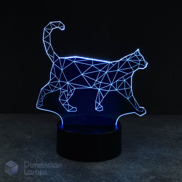A blue illuminated 3D lamp shows a geometric wireframe outline of a walking cat, standing on a black base against a dark background. This would make a charming gift idea for cat pet lovers in Australia.