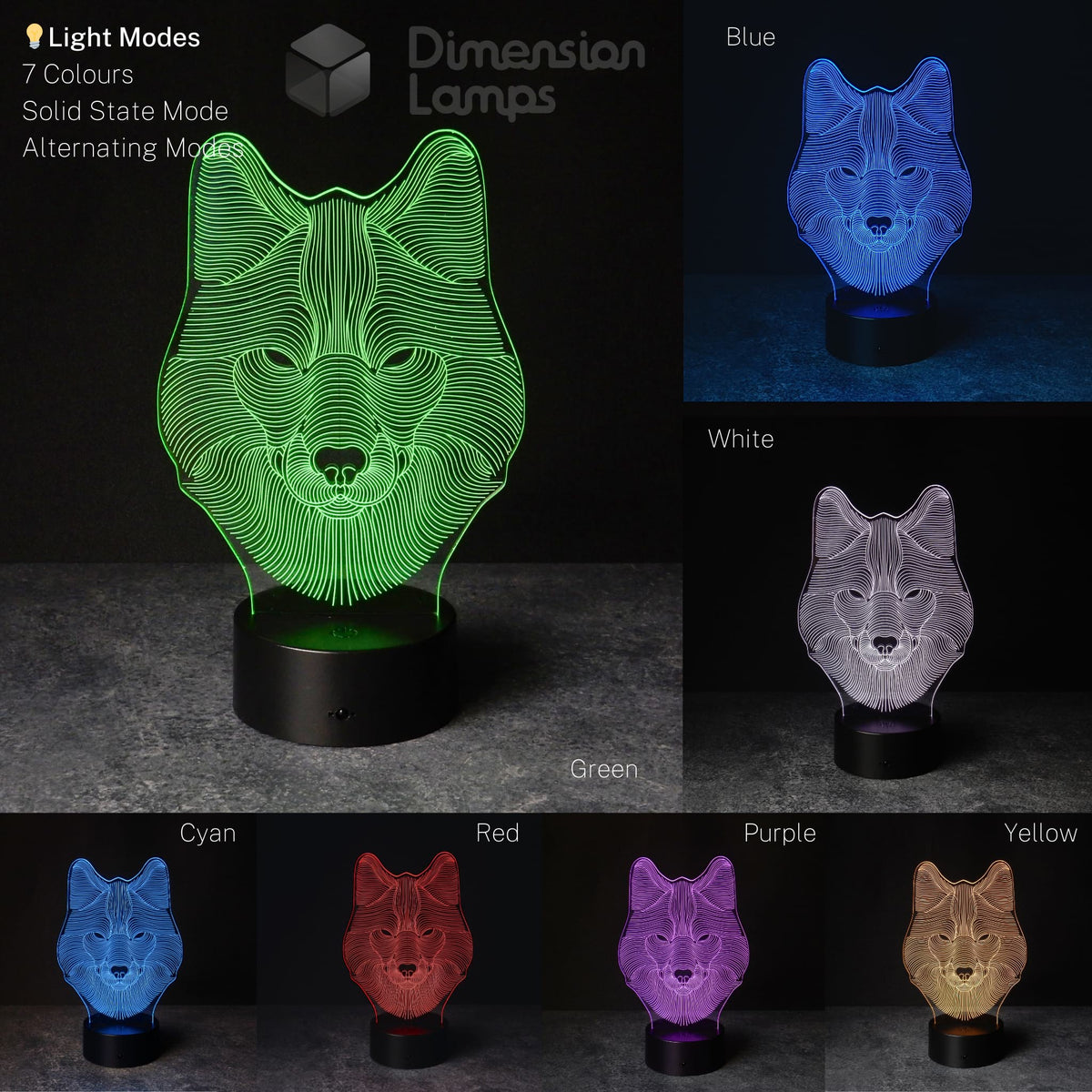 3D wolf head illusion lamp, presenting its available colours: green, blue, white, cyan, red, purple, and yellow night lamp for unique home lighting in Australia.