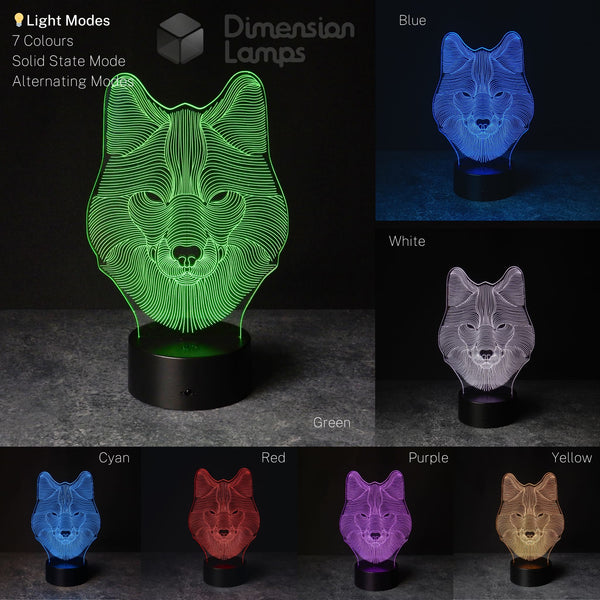 3D wolf head illusion lamp, presenting its available colours: green, blue, white, cyan, red, purple, and yellow night lamp for unique home lighting in Australia.