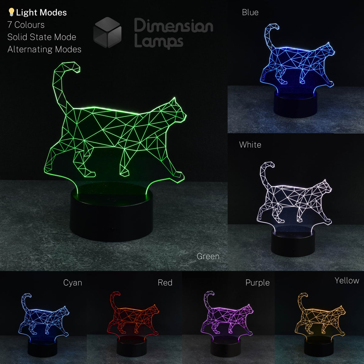 A collage showcases a 3D lamp in the form of a walking cat with a geometric wireframe design, illuminated in seven colours: green, blue, white, cyan, red, purple, and yellow. Each lamp stands on a black base against a dark background, making it a delightful gift for cat lovers across Australia.