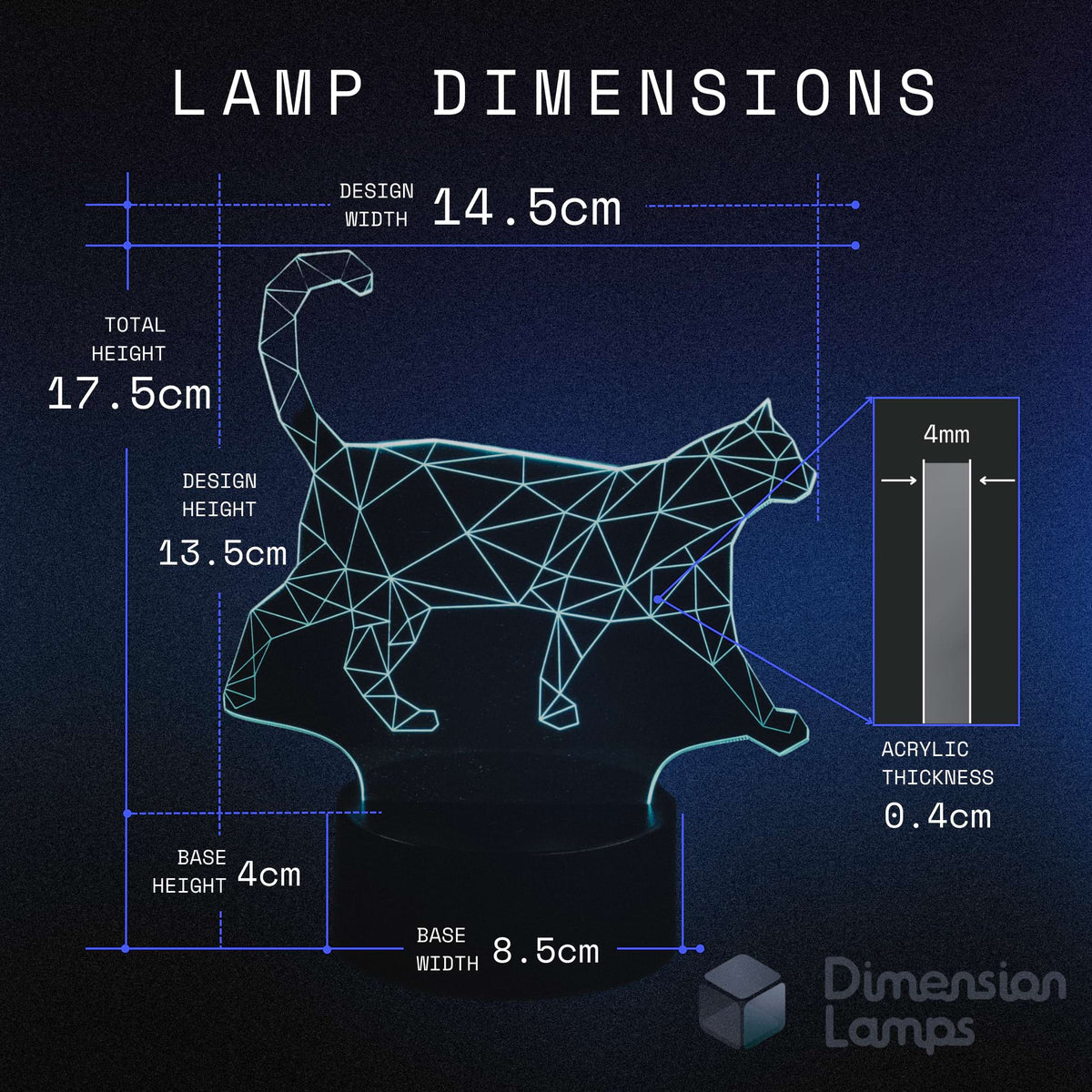 Walking cat 3d night lamps dimensions: design width 14.5cm, total height 17.5cm, design height 13.5cm, acrylic thickness 0.4cm, base height 4cm, and base width 8.5cm. A thoughtful gift idea for cat lovers.