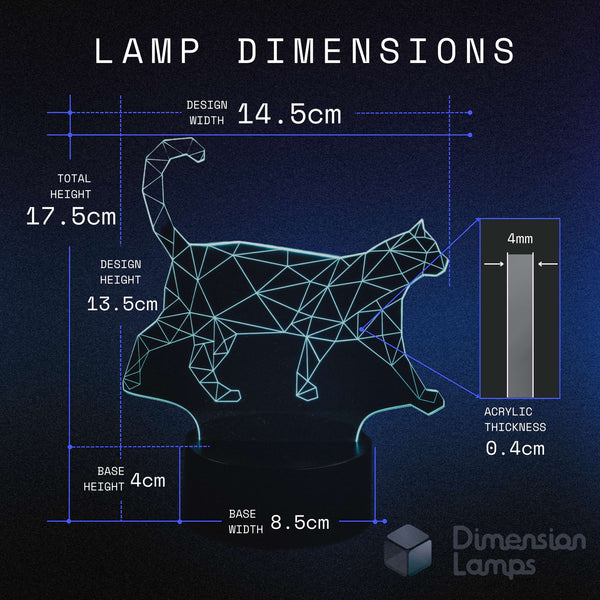 Walking cat 3d night lamps dimensions: design width 14.5cm, total height 17.5cm, design height 13.5cm, acrylic thickness 0.4cm, base height 4cm, and base width 8.5cm. A thoughtful gift idea for cat lovers.