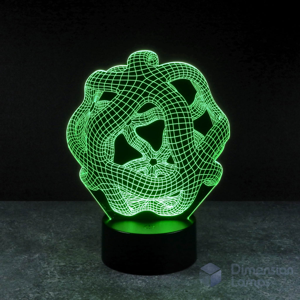 Warped reality 3d night lamps: green illumination of an abstract, complex geometric design on a lamp, rising from a base against a dark background. A cool night light for teens.