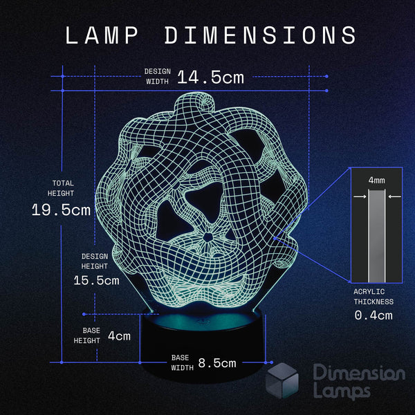Warped reality 3d night lamps dimensions: design width 14.5cm, total height 19.5cm, design height 15.5cm, acrylic thickness 0.4cm, base height 4cm, and base width 8.5cm. A unique night light for teens.