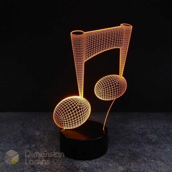 Yellow musical note 3d night lamps: yellow illumination of a detailed wireframe quaver note on a lamp, rising from a black base against a dark background. A thoughtful gift idea for musicians and music fans.