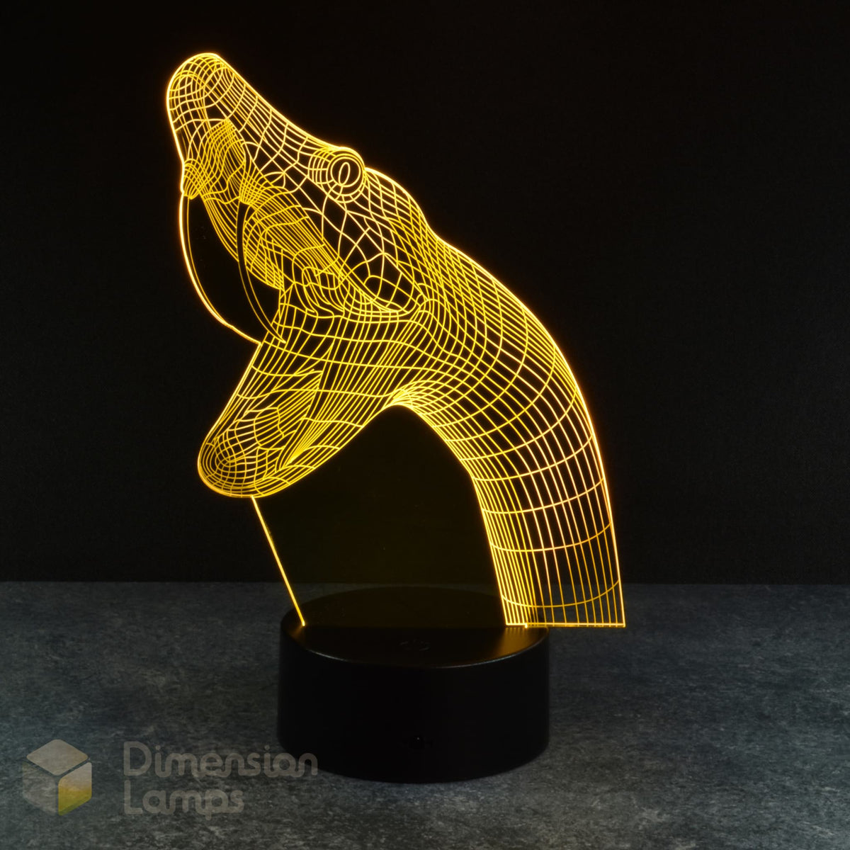 Yellow snake 3d night lamps: yellow illumination of a detailed wireframe snake with its head raised on a lamp, rising from a black base against a dark background. A thoughtful gift idea for reptile fans.